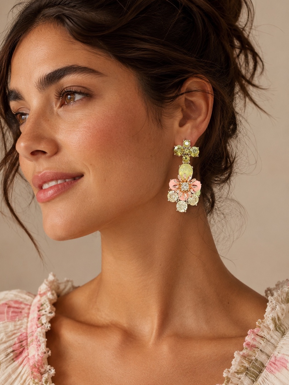 MNG Floral Rhinestone Statement Earrings NWT Pink Gold Tone